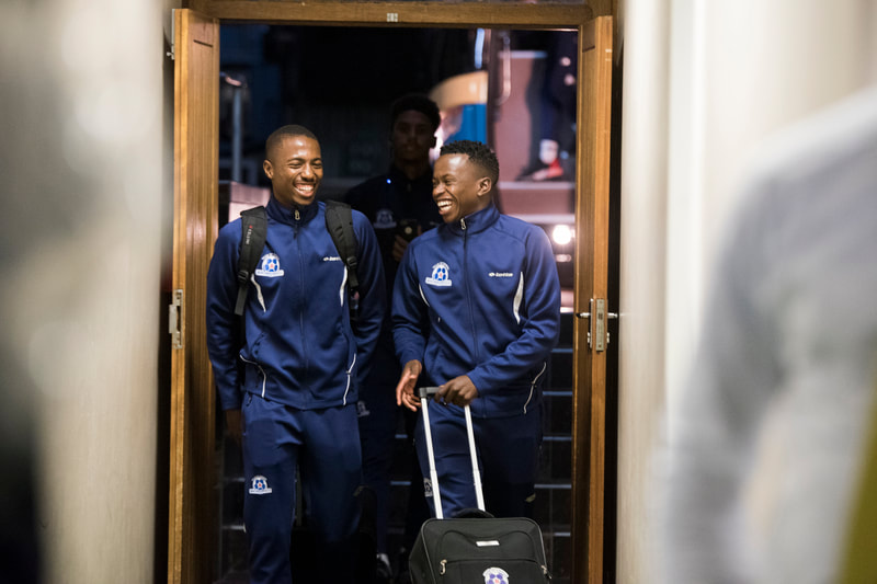 Siphesihle Ndlovu and Bandile Shandu of Maritzburg United, arriving at the stadium in good spirits.
Match between Maritzburg United and Bloemfontein Celtic at the Harry Gwala Stadium on the 5th of April 2019 © Image: BOOGS Photography / Andrew Mc Fadden