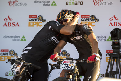Mauricio Vasquez Barrera and Diego Mauricio Herrera Alzate sharing a special moment before they head out during the 2018 ABSA Cape Epic