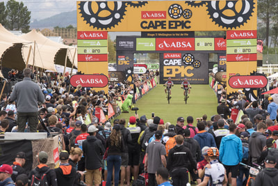 Finishing in style, Julian Jessop and Matthys Beukes of PYGA Euro Steel during the 2018 ABSA Cape Epic
