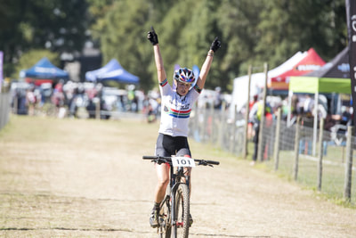 Mariske Strauss, Team Silverback OMX, celebrates in victory at the Cycling SA Cup Series, Cascades